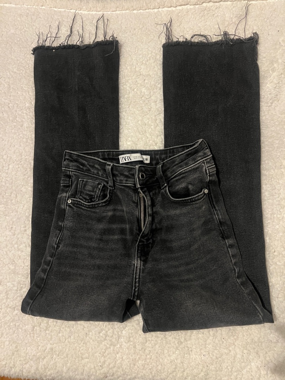 Zara Black Washed High-Rise Straight Jeans with Frayed Hem